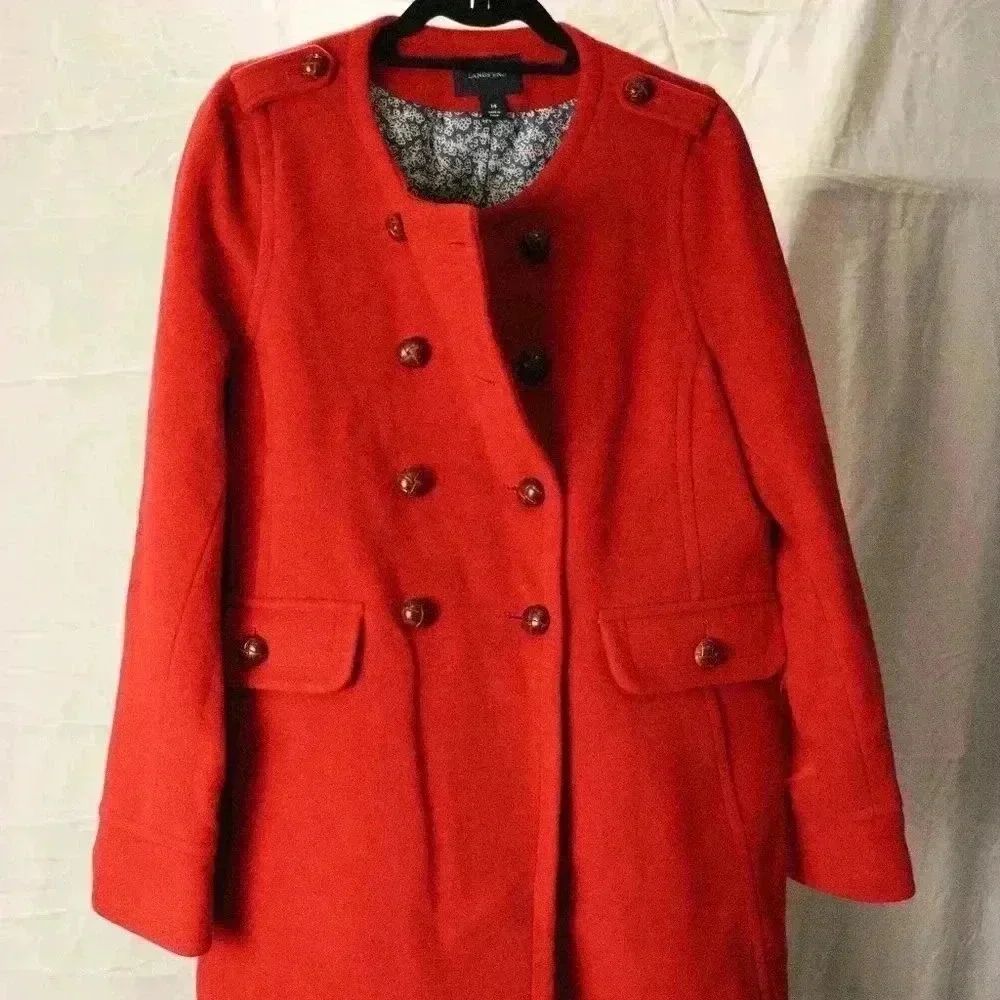 Lands' End Red Wool Long Coat women's 14 vintage pea coat winter warm - Picture 1 of 10